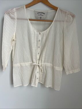 Converse | Women's Cream Striped Sheer Button-Front Tie-Waist Blouse Size M